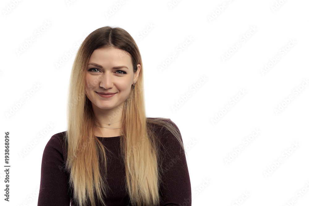 Portrait of young beautiful cute cheerful girl smiling looking at camera over white background. Portrait of young beautiful cute cheerful girl smiling looking at camera over white background.
