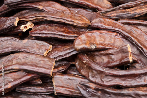 Close-up of dried vanilla pods, traditional culinary spice