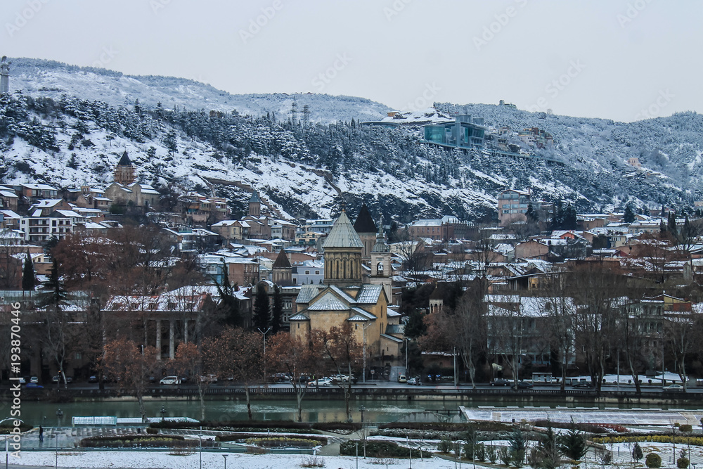 snowy tbilisi view churches