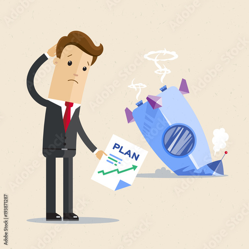 Businessman with plan and rocket crashed. Business failure, the rocket fall down.