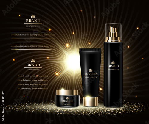 Cosmetics luxury beauty series, ads of premium body cream and spray for skin care. Template for design poster, placard, presentation, banners, cover, vector illustration.
