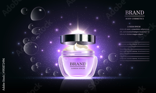 Cosmetics beauty series, premium body cream for skin care on purple background, template for design poster, placard, presentation, banners, cover, vector illustration.