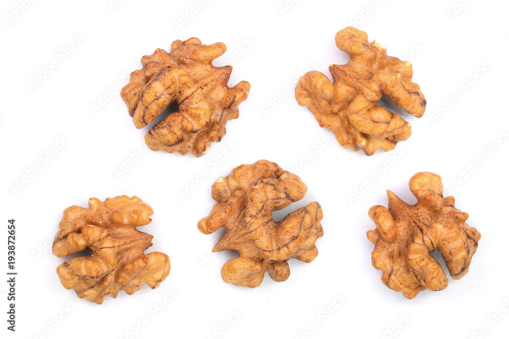 walnut kernels isolated on white background. Top view. Flat lay walnut kernels isolated on white background. Top view. Flat lay