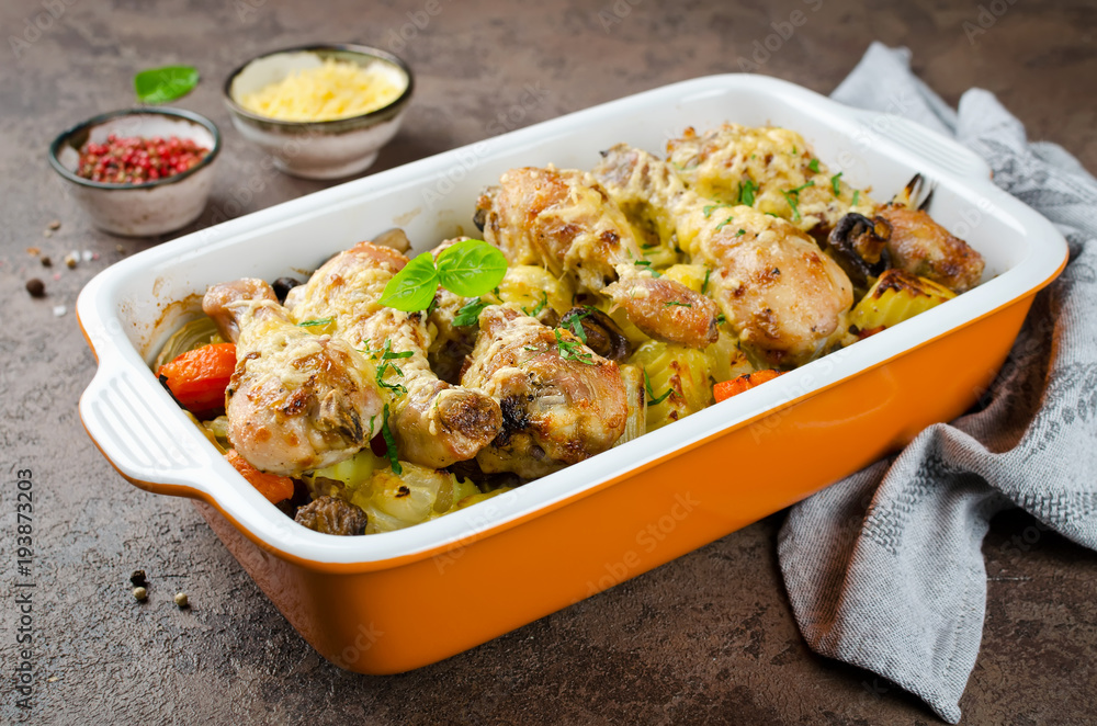 Chicken legs with potatoes, mushrooms, onions and carrots Chicken legs with potatoes, mushrooms, onions and carrots