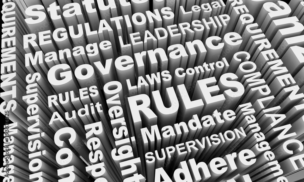 Rules Compliance Governance Regulations Laws Word Collage 3d Illustration Rules Compliance Governance Regulations Laws Word Collage 3d Illustration