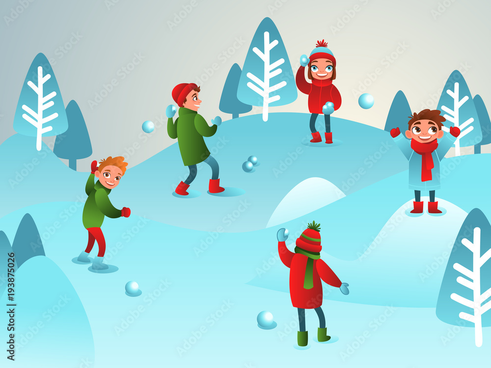 Winter illustration. Children play snowballs. Winter children's games. Boys and girls. Winter illustration. Children play snowballs. Winter children's games. Boys and girls.