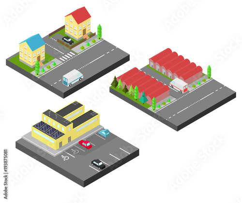 Isometric house. Two houses on the same street. Isometric building with solar panel.Vector illustration isometric style.