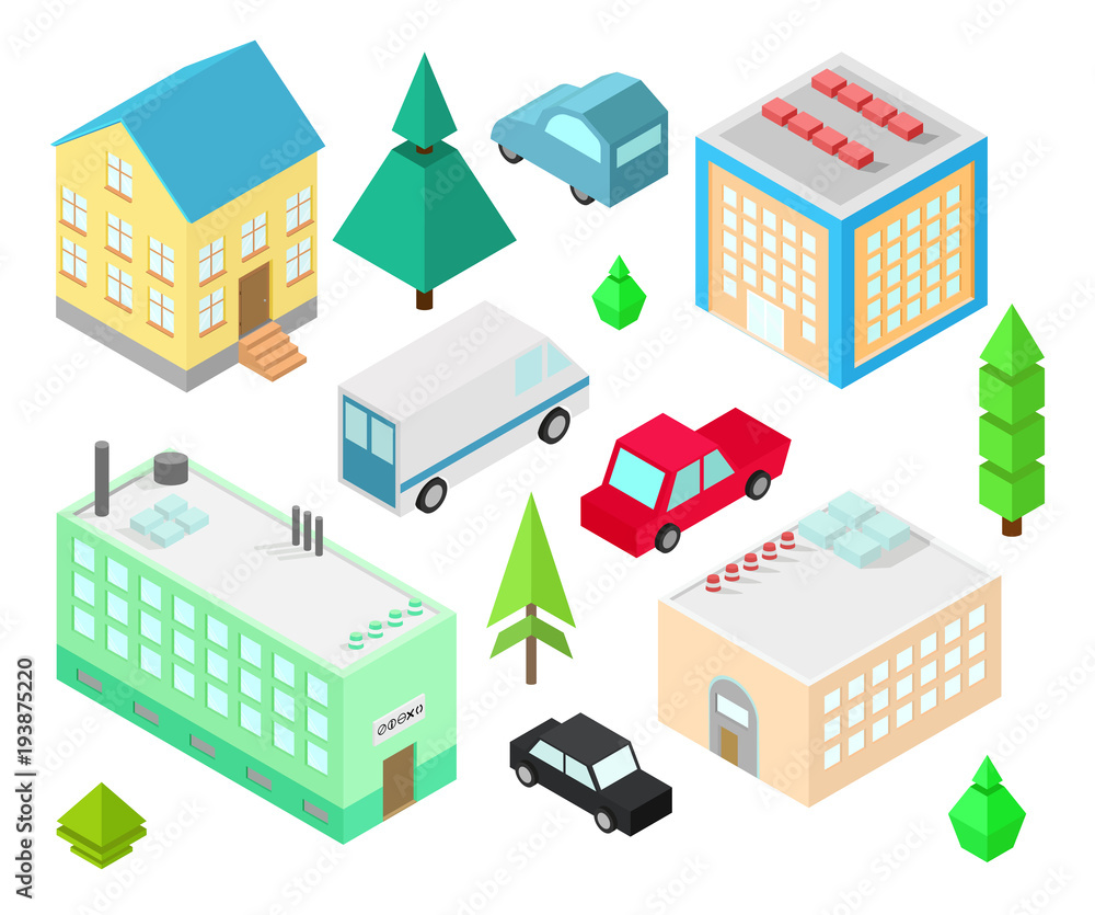 Set of different isometric buildings. Car, green bushes, tree. Vector illustration isometric style.