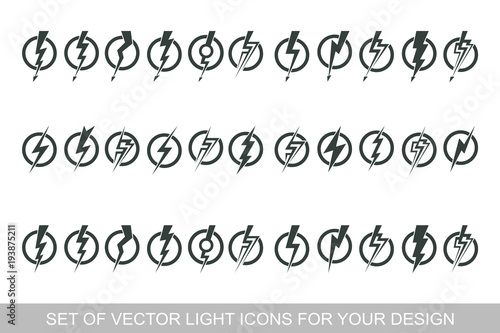 Lightning, electric power vector design element. Energy and thunder electricity symbol concept. Light bolt sign. Flash vector emblem template. Power fast speed logotype, logo