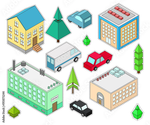 Set of stickers different isometric buildings. Car, green bushes, tree. Vector illustration isometric style.