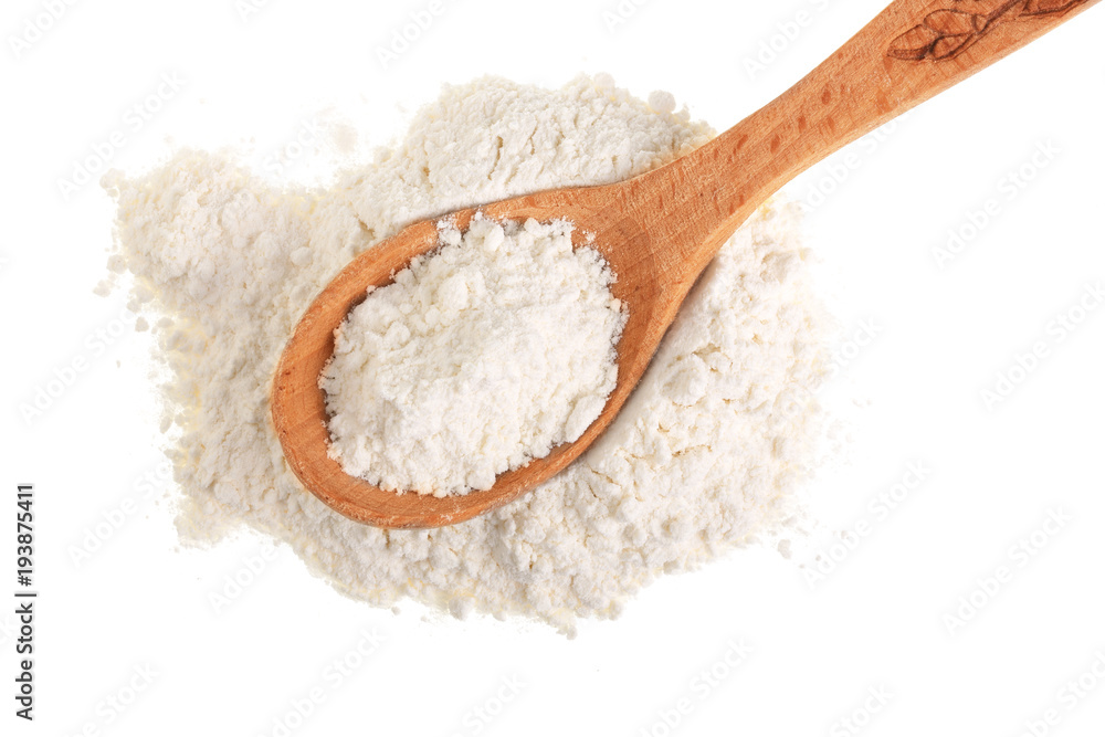 Pile of flour in wooden spoon isolated on white background. Top view. Flat lay Pile of flour in wooden spoon isolated on white background. Top view. Flat lay
