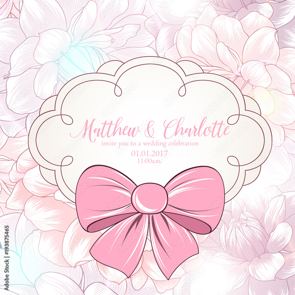Romantic floral greeting card with Valentine's Day. Invitation with bow and dahlia flowers for the wedding, birthday, holiday. Romantic floral greeting card with Valentine's Day. Invitation with bow and dahlia flowers for the wedding, birthday, holiday.