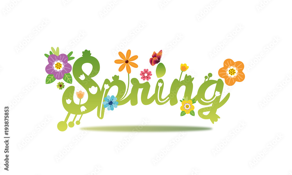 Spring word, flowers and butterfly vector