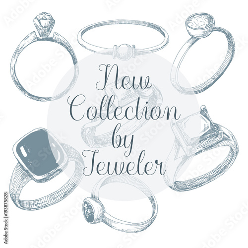 Hand drawn a set of different jewelry rings. Vector illustration of a sketch style.