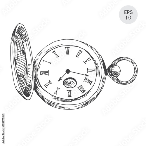 Pocket watch in retro style isolated on white background. Vector illustration in sketch style.