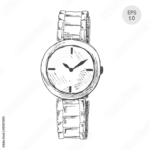 Wrist watch in retro style isolated on white background. Vector illustration in sketch style.