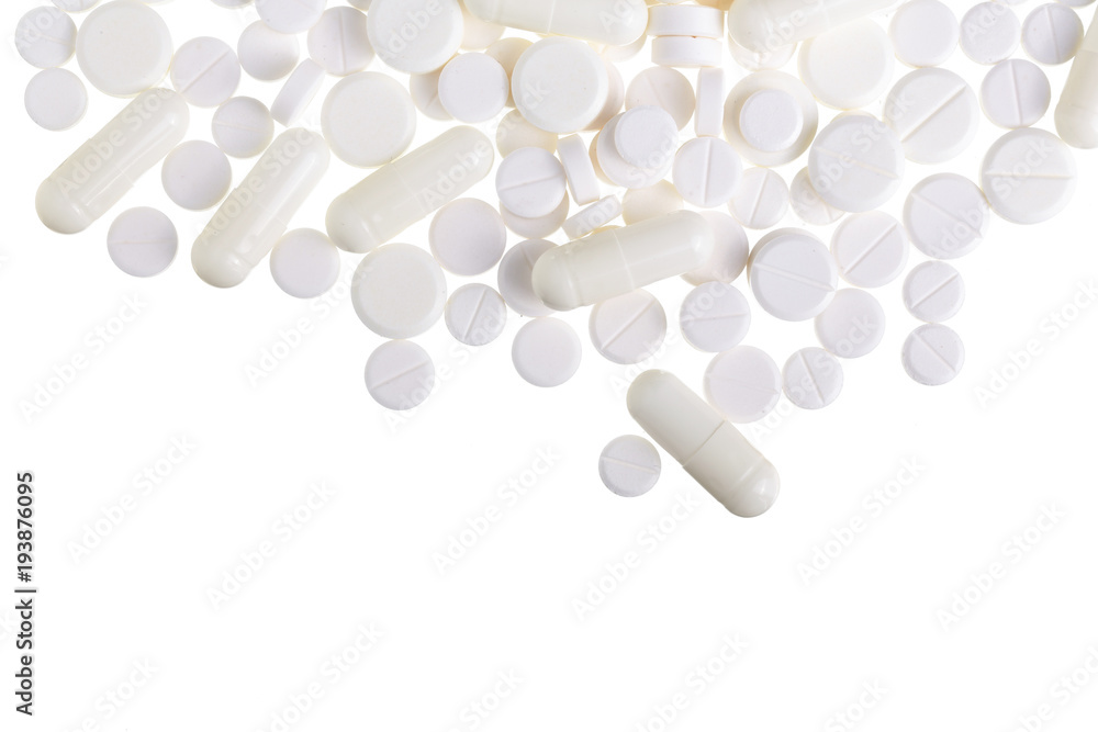 white pill capsule isolated on white background with copy space for your text. Top view. Flat lay