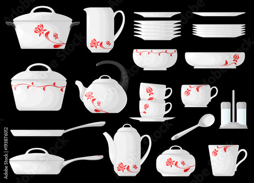 Set of cookware isolated on black background. Vector illustration. Kitchen utensils.