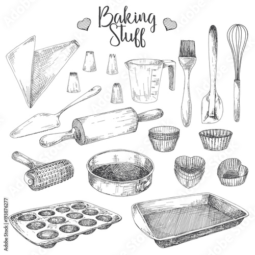 Set of dishes for baking. Baking stuff Vector illustration in sketch style.