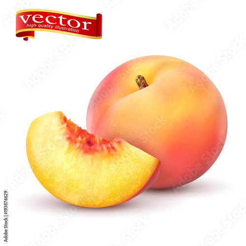 Realistic Ripe peaches, whole and slice. Peach juicy sweet fruit realistic 3d vector 