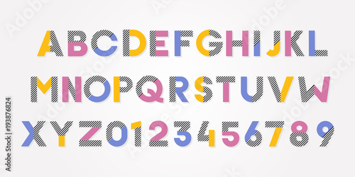 Vector trendy cheerful alphabet font and numbers