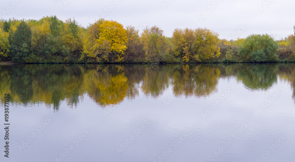 calm river at rainy autumn morning. background, nature.