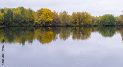 calm river at rainy autumn morning. background, nature.