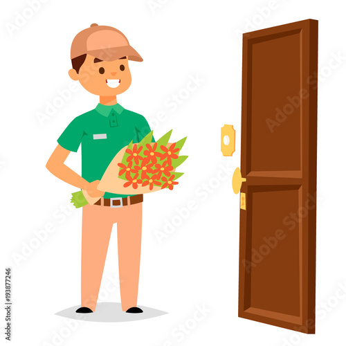 Delivery man boy vector service workers and clients couriers delivering man characters shop mailmen bringing packages holding boxes documents illustration. Postman worker male conveyance