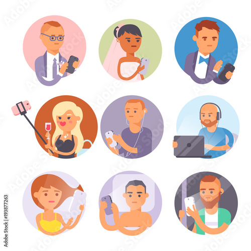 People and gadgets concept. Busy person smart phone social communication lifestyle. Online social network modern life problem connection using tablet or laptop computer.