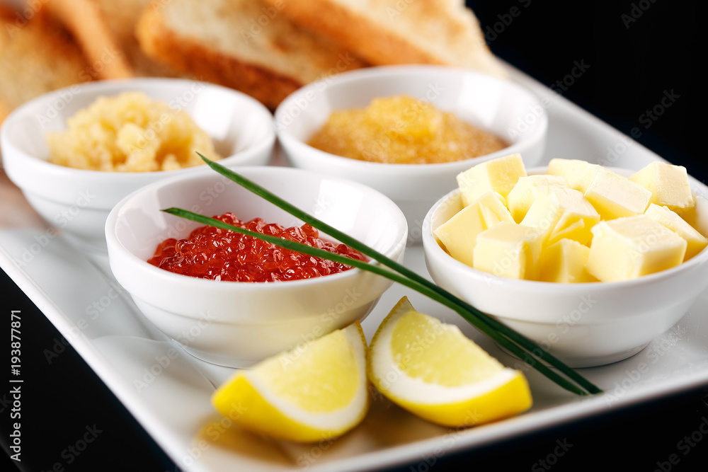 Restaurant dish Assorted with red white and pike roe Restaurant dish Assorted with red white and pike roe