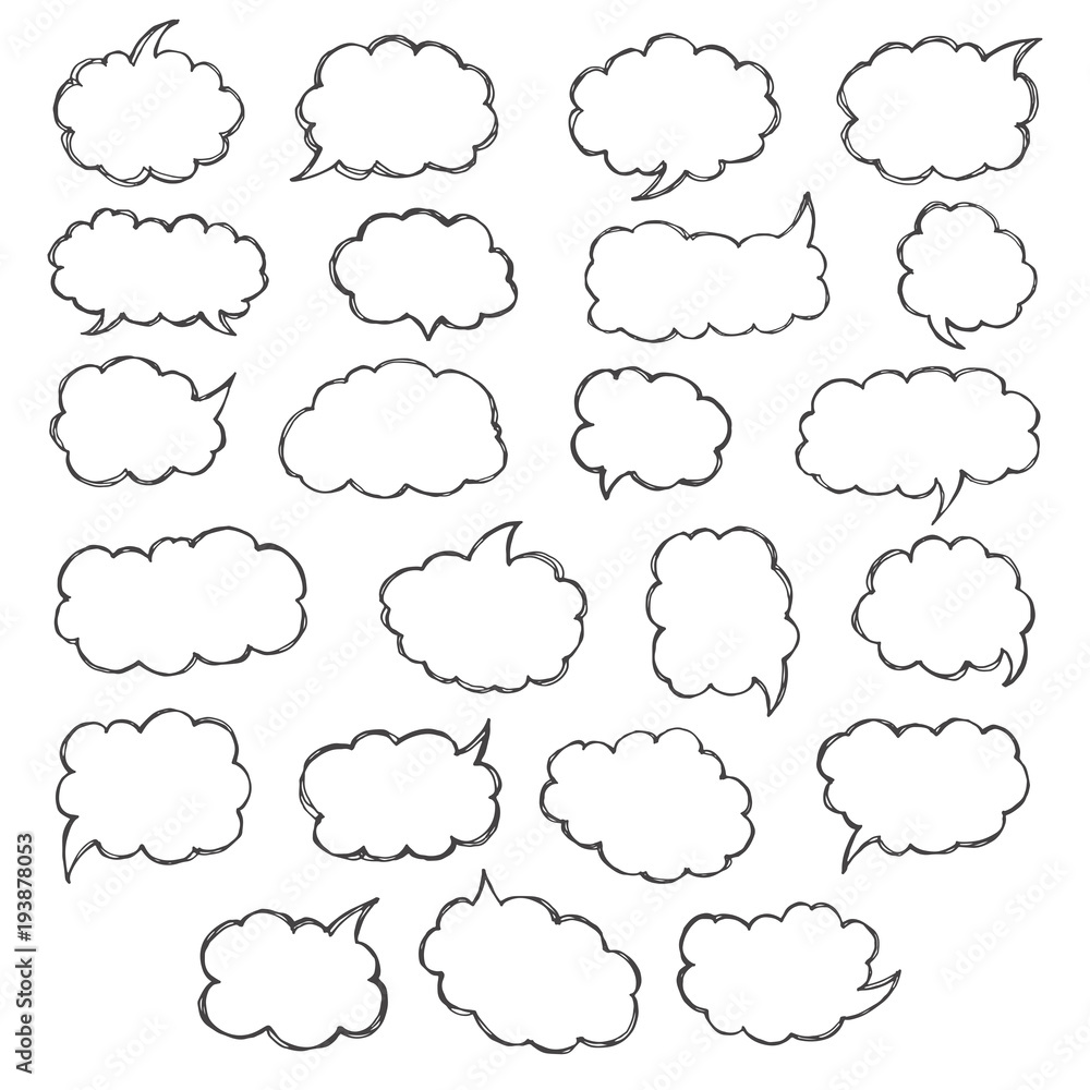 Think and talk speech bubbles. Artistic collection of hand drawn doodle style comic balloon, cloud and heart. Vector illustration in sketch style. Think and talk speech bubbles. Artistic collection of hand drawn doodle style comic balloon, cloud and heart. Vector illustration in sketch style.