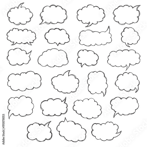 Think and talk speech bubbles. Artistic collection of hand drawn doodle style comic balloon, cloud and heart. Vector illustration in sketch style.