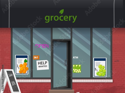 Grocery store facade. Stylish street shop exterior design. Flat style vector illustration.