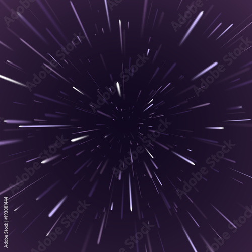Ultraviolet light of moving stars with speed zoom. Ultra violet abstract vector background with Star Warp or Hyperspace space travel.