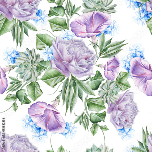 Fototapeta Naklejka Na Ścianę i Meble -  Bright seamless pattern with flowers. Rose. Petunia. Hyacinth. Succulent. Watercolor illustration. Hand drawn.