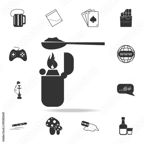 Heroin in spoon over lighter icon. Set of Human weakness and Addiction element icon. Premium quality graphic design. Signs, outline symbols collection icon for websites