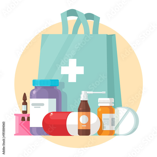 Medical supplies, bottles liquids, and pills vector cartoon illustration. Pharmacy purchases. Drugstore Concept. Health care objects. Eps 10