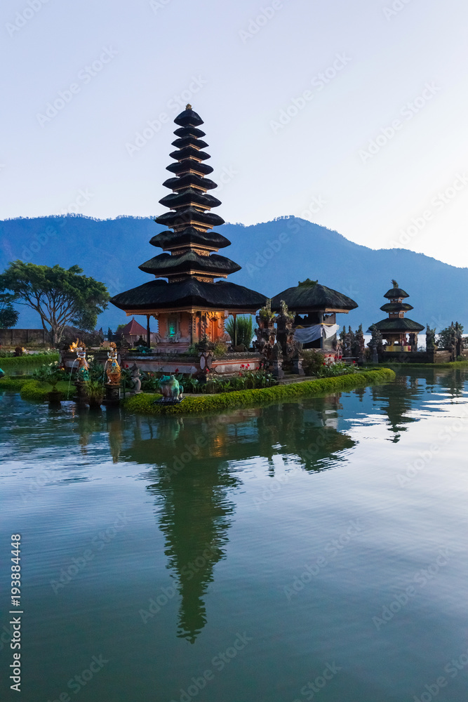 Pura Ulu Danau Bratan Temple in Bali. Early morning, sunrise, twilight, nobody