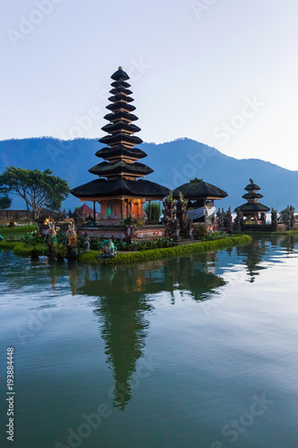 Pura Ulu Danau Bratan Temple in Bali. Early morning  sunrise  twilight  nobody