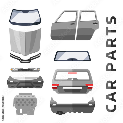 Car service parts flat auto mechanic repair of machines and equipment vector illustration