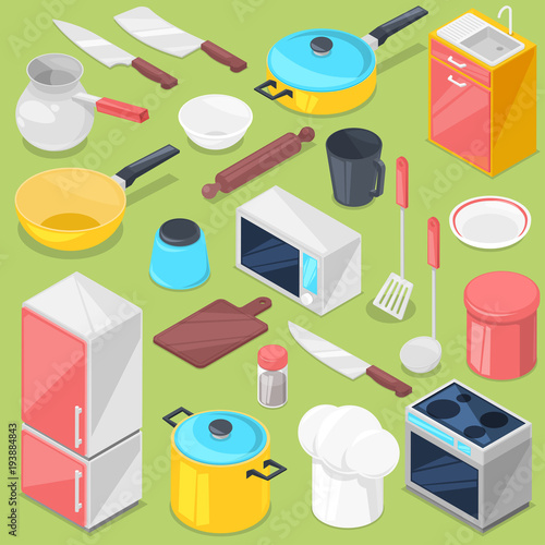 Kitchenware vector household appliance and cookware for cooking or kitchen utensils for kitchener isometric illustration refrigerator in kitchenette set isolated on background photo