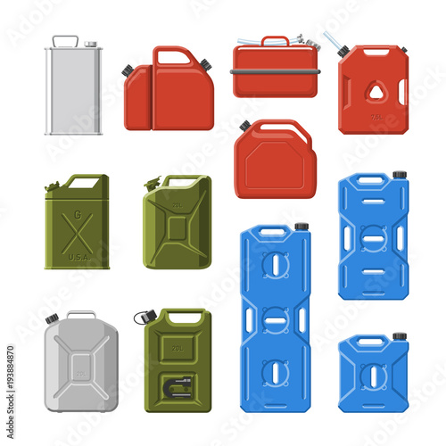 Canister vector jerrican or can of fuel gasoline for automobile and plastic jerrycan with petrol or oil illustration set of cannikin isolated on white background
