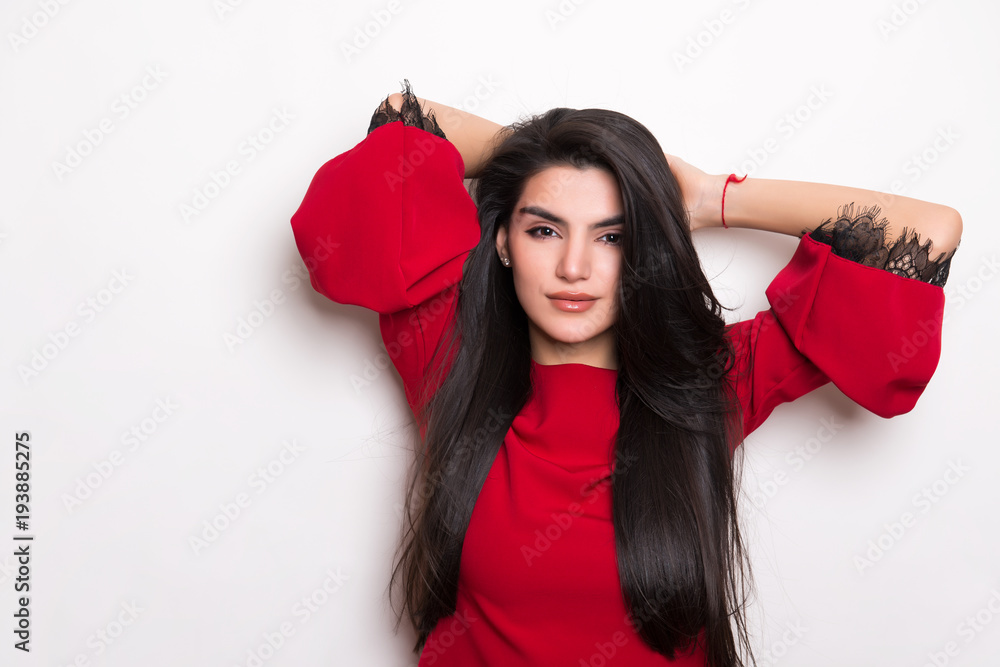 beautiful young woman with long black hair posing in red dress Stock ...
