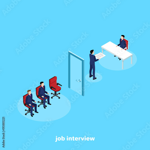 a man in a business suit in the office of a human resources manager gets a job, an isometric image