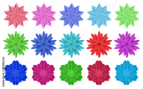 Set of colorful paper flowers with shadows, isolated on white background