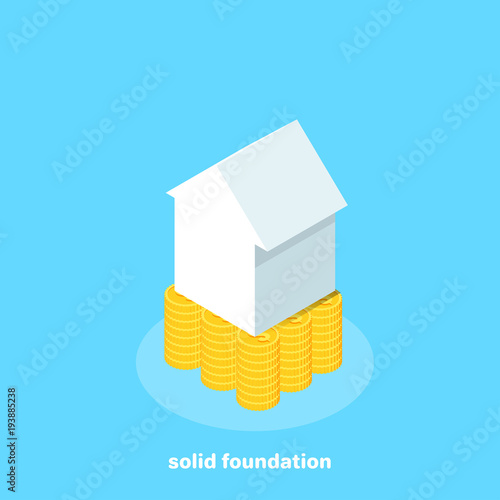 the house stands on gold coins on a blue background, isometric image
