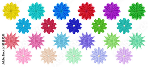 Set of colorful paper flowers with shadows, isolated on white background