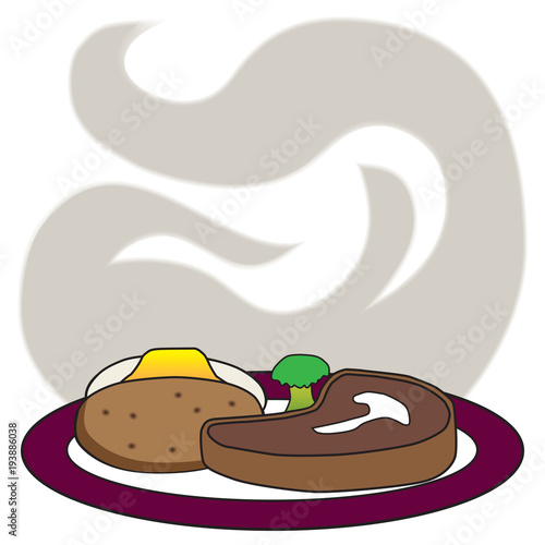 A hearty cartoon steak dinner is cooked and ready to serve
