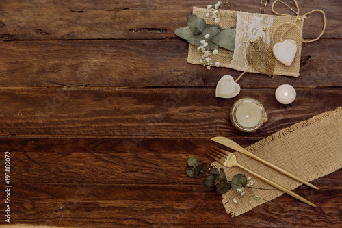 Details of a rustic wedding over wooden background. Flat Lay, Top View, Copy Space