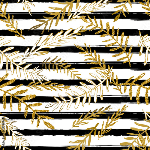 Vector seamless striped tropical pattern with gold leaves. Golden and white p...